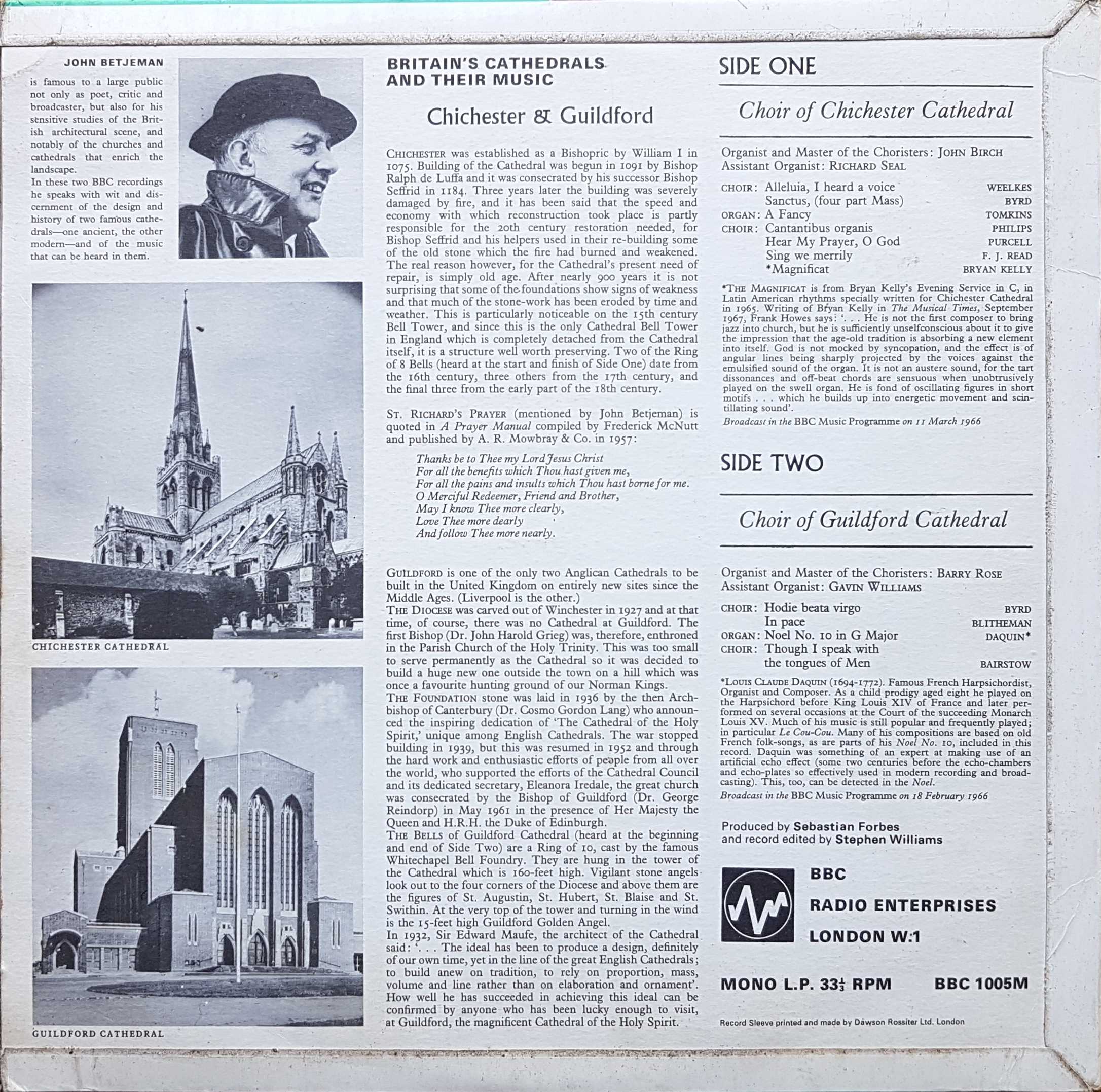 Picture of BBC 1005 Britain's cathedrals and their music by artist John Betjeman from the BBC records and Tapes library